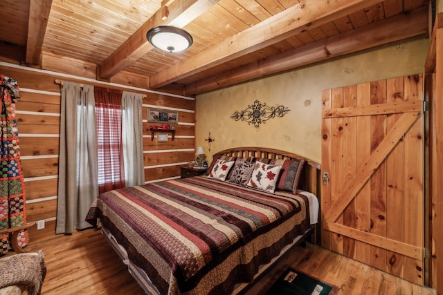 bedroom featuring hardwood / wood-style flooring, wooden walls, wood ceiling, and beam ceiling