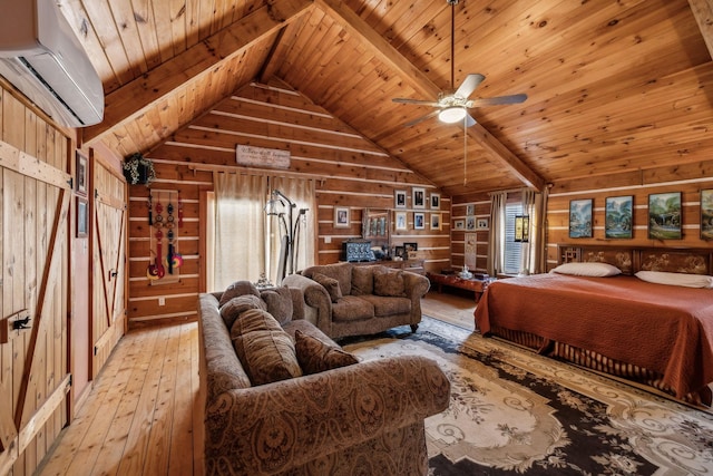 bedroom featuring wood walls, wood ceiling, an AC wall unit, beam ceiling, and light hardwood / wood-style floors