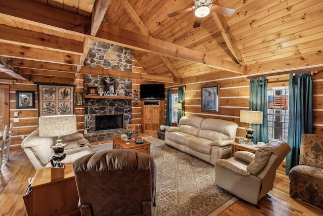 living room featuring beamed ceiling, wooden ceiling, wooden walls, hardwood / wood-style flooring, and a fireplace