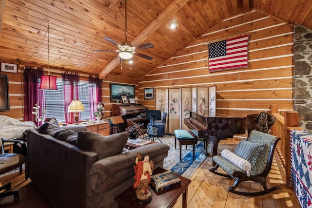 living room featuring wood walls, lofted ceiling with beams, ceiling fan, wooden ceiling, and light hardwood / wood-style flooring