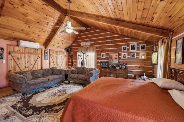 bedroom featuring vaulted ceiling with beams, wooden walls, a wall unit AC, and wooden ceiling