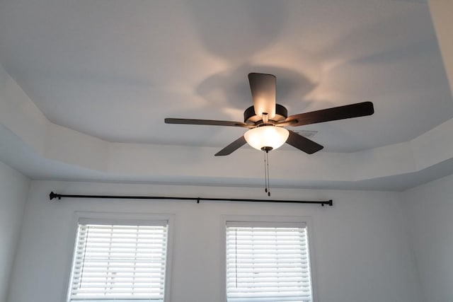 details with ceiling fan and a tray ceiling