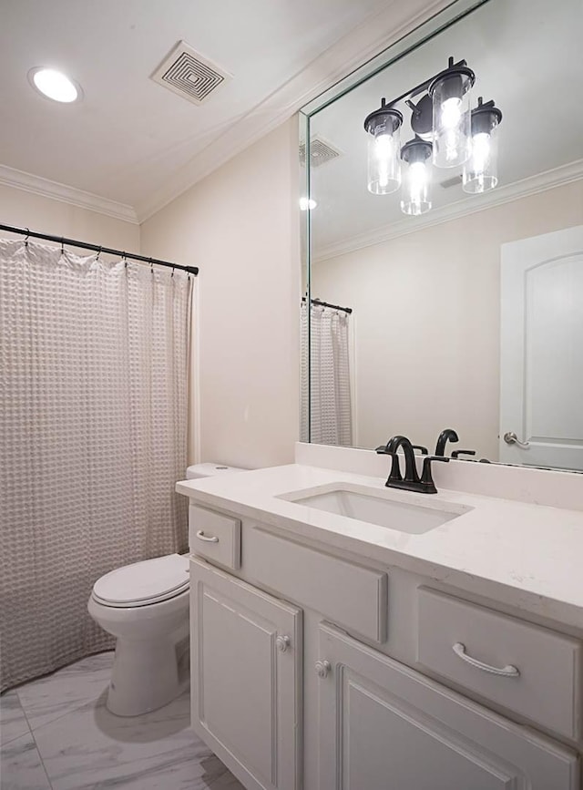 bathroom with crown molding, a shower with shower curtain, vanity, and toilet