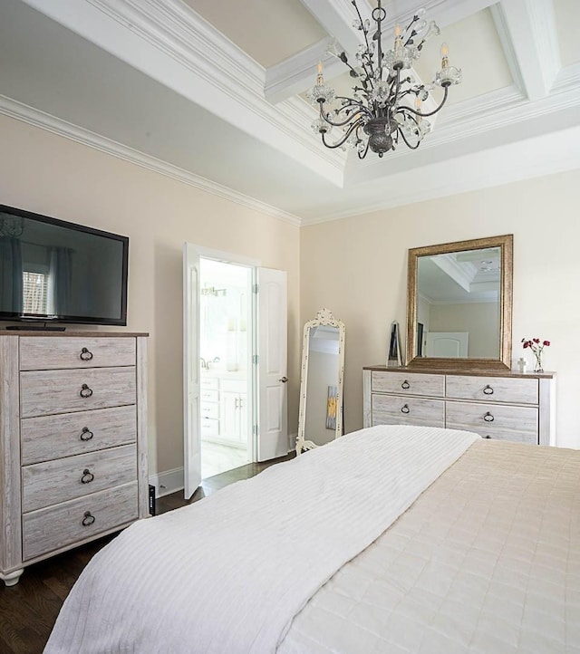 bedroom with beamed ceiling, ornamental molding, coffered ceiling, and dark hardwood / wood-style flooring