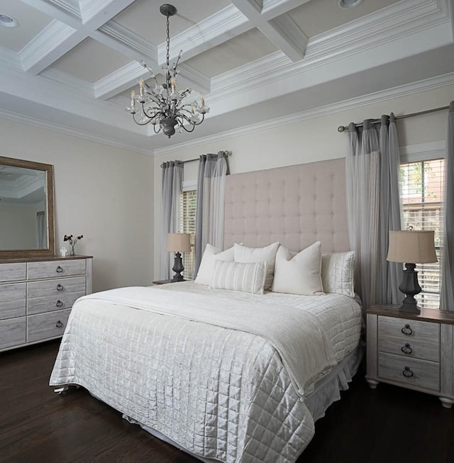 bedroom with beamed ceiling, coffered ceiling, dark hardwood / wood-style floors, and an inviting chandelier