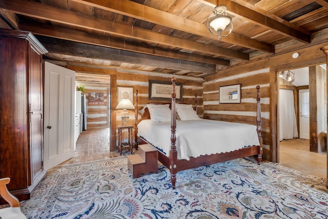 bedroom featuring beam ceiling, wood ceiling, and wood walls