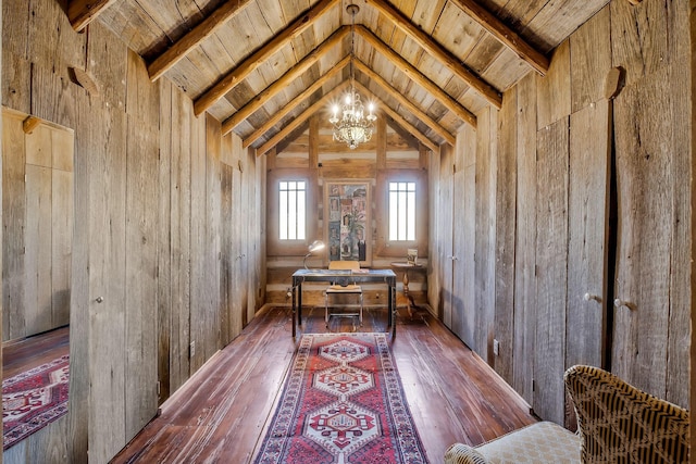 interior space with wood-type flooring, wooden ceiling, beamed ceiling, and wood walls