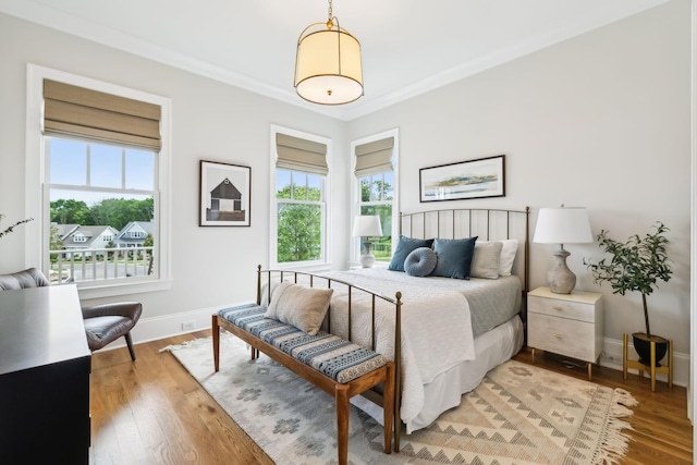 bedroom with crown molding and light wood-type flooring