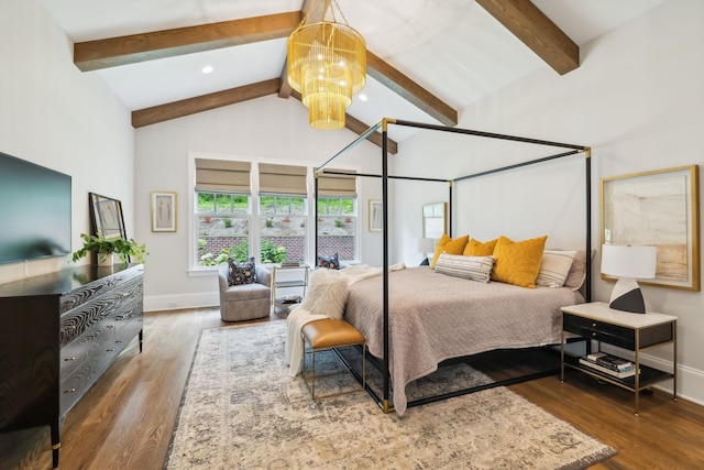 bedroom with wood-type flooring, high vaulted ceiling, a notable chandelier, and beam ceiling