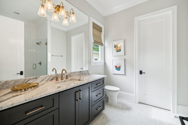 bathroom featuring walk in shower, vanity, toilet, and crown molding