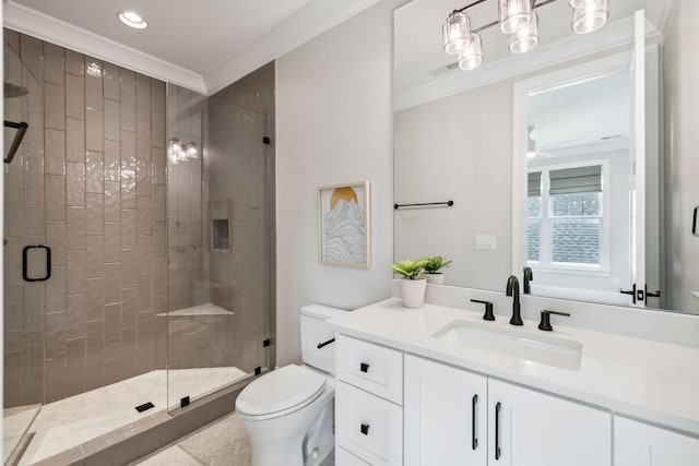 bathroom with toilet, a shower with shower door, crown molding, parquet floors, and vanity