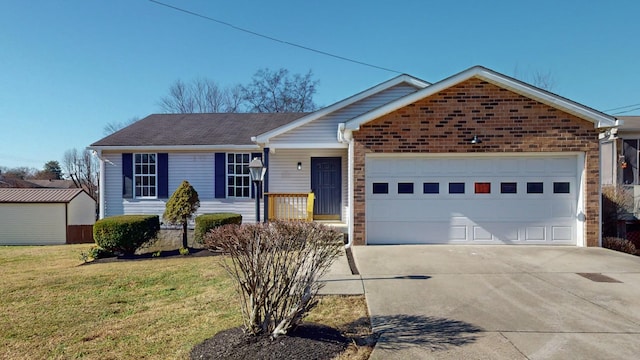 ranch-style house with a garage and a front lawn