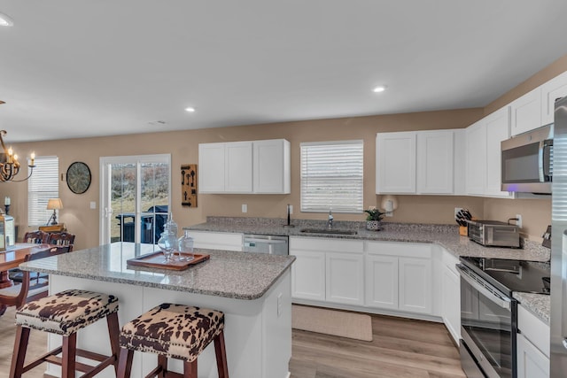 kitchen with stainless steel appliances, white cabinetry, a kitchen island, and sink