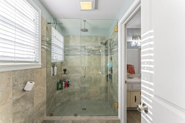 bathroom featuring hardwood / wood-style flooring and a shower with shower door