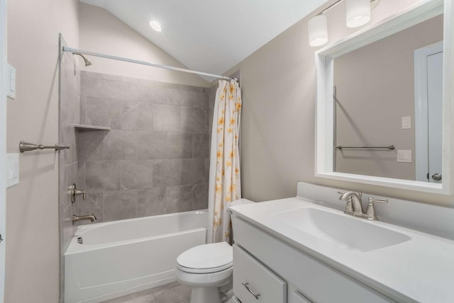 full bathroom with shower / tub combo with curtain, tile patterned floors, lofted ceiling, toilet, and vanity