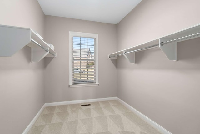 spacious closet featuring light colored carpet