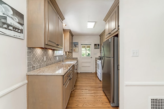 1704 Temple Ave, Nashville, TN 37215 - kitchen with stainless steel refrigerator, sink, backsplash, light hardwood / wood-style floors, and light brown cabinets