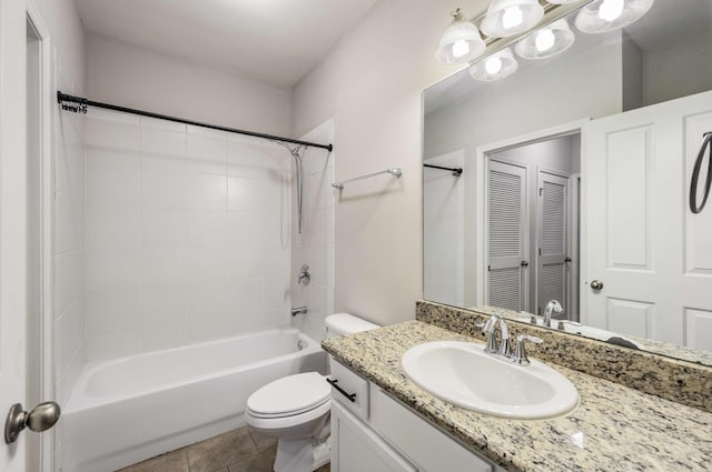 full bathroom featuring vanity, toilet, bathing tub / shower combination, and tile patterned flooring