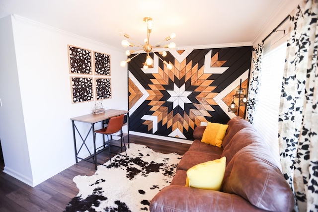 interior space featuring an inviting chandelier, dark wood-type flooring, and ornamental molding