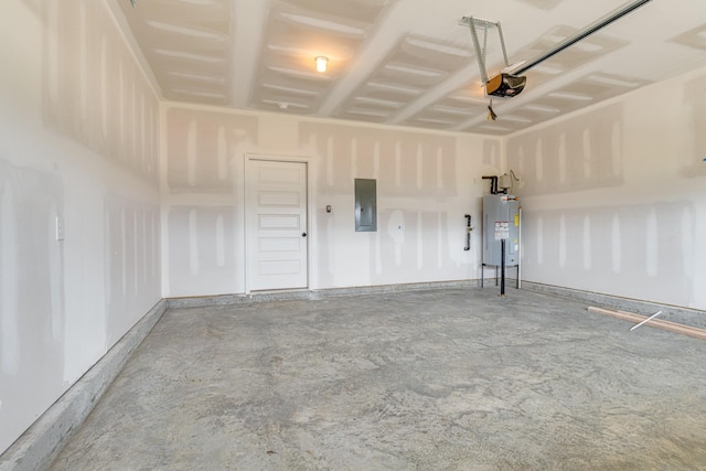 garage featuring a garage door opener, electric panel, and water heater