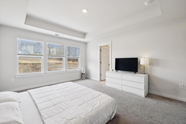 carpeted bedroom featuring a raised ceiling and multiple windows