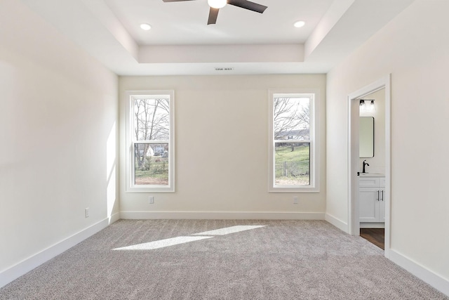 unfurnished bedroom with a tray ceiling, multiple windows, and carpet flooring