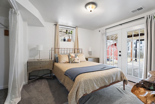 bedroom with carpet flooring, access to outside, and french doors