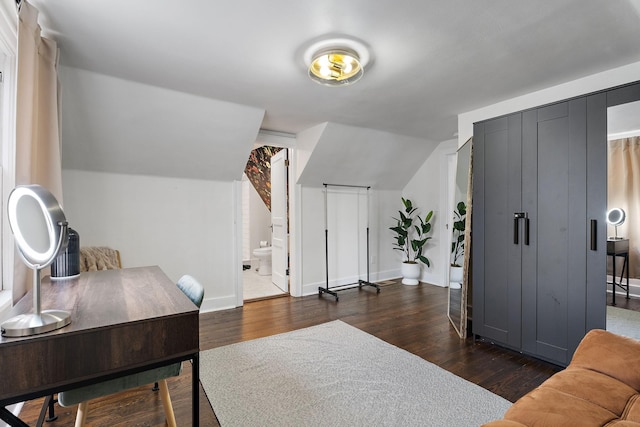 office with dark hardwood / wood-style flooring and lofted ceiling