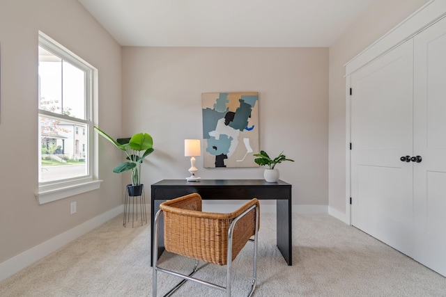 home office featuring light carpet