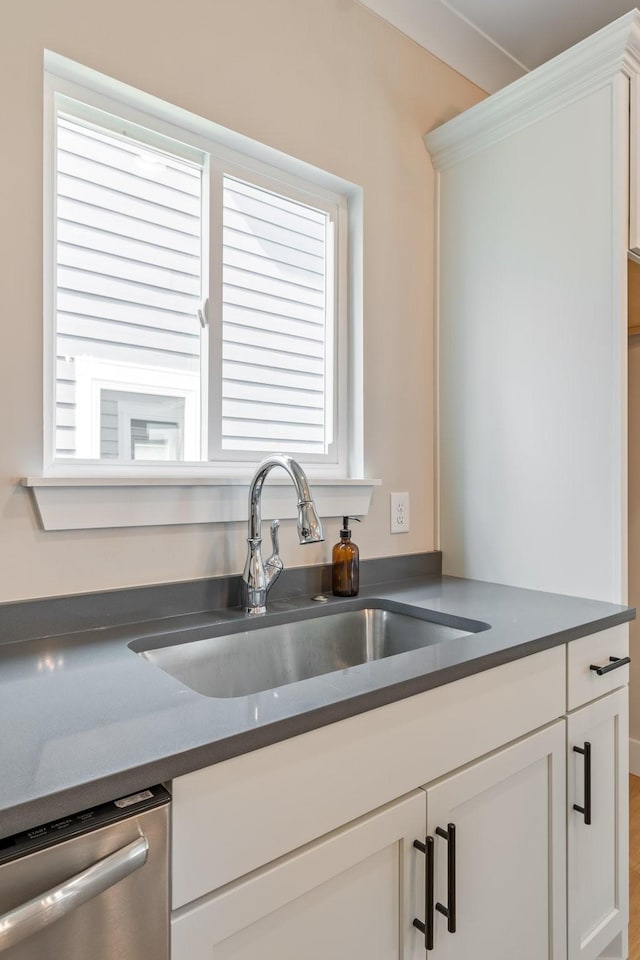 kitchen with white cabinetry, dishwasher, and sink