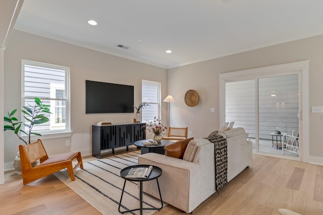 living room with crown molding and light wood-type flooring