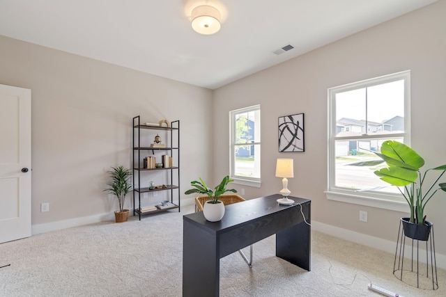 office space with light colored carpet