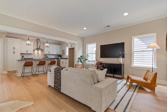 living room with crown molding and light wood-type flooring