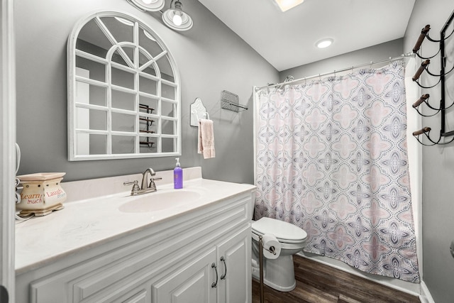 bathroom with a shower with curtain, vanity, hardwood / wood-style floors, and toilet