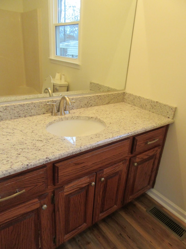 bathroom with vanity, wood-type flooring, and toilet