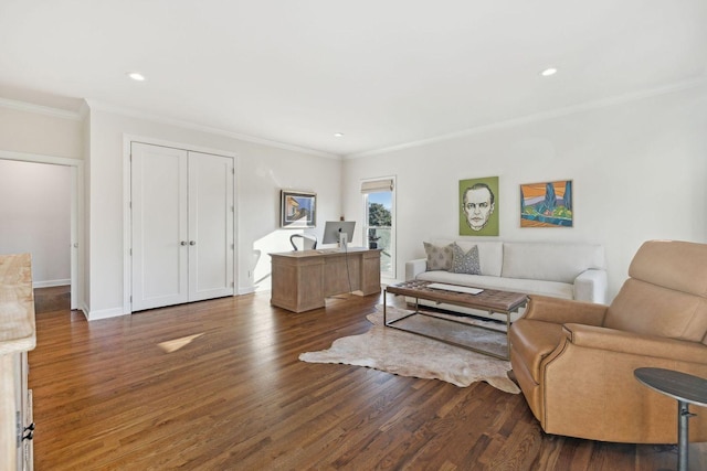 living room featuring crown molding and dark hardwood / wood-style floors