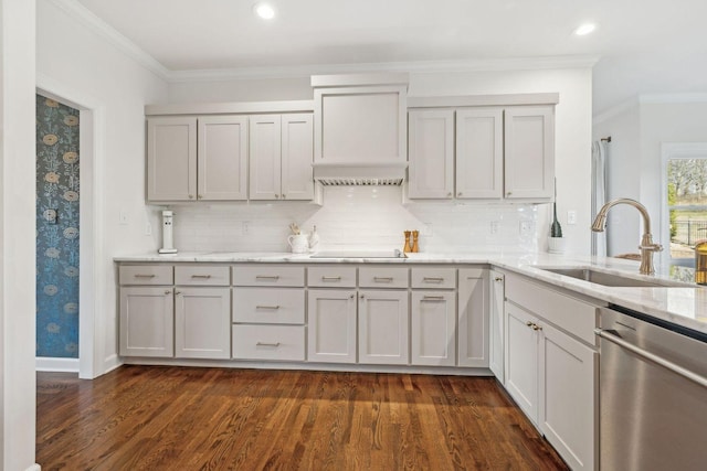 kitchen featuring sink, dark wood-type flooring, stainless steel dishwasher, and black electric stovetop