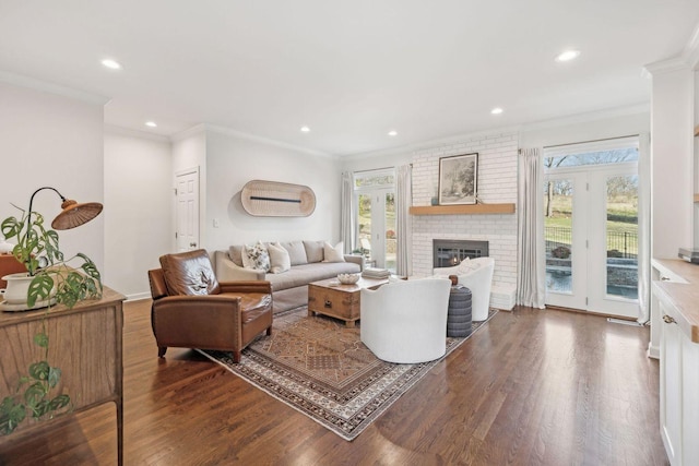 living room with a fireplace, ornamental molding, and dark hardwood / wood-style flooring