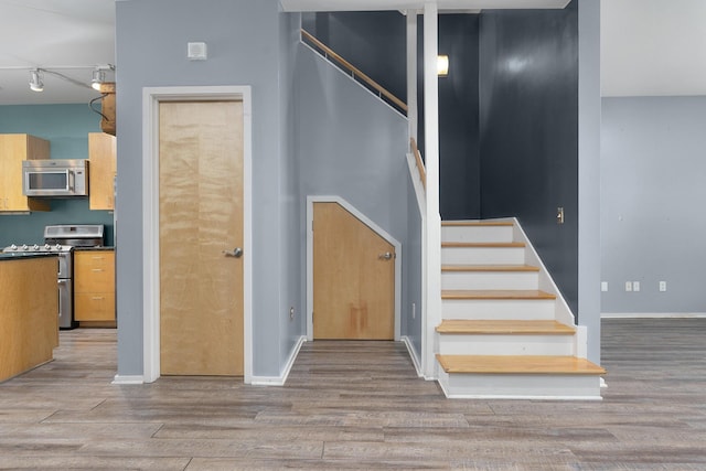 staircase featuring hardwood / wood-style floors