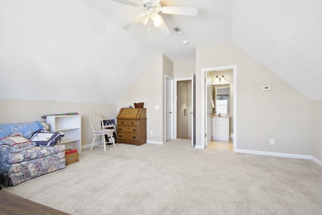 bonus room with ceiling fan, light colored carpet, and lofted ceiling