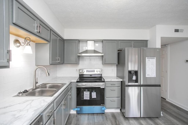 kitchen with sink, a textured ceiling, gray cabinets, stainless steel appliances, and wall chimney range hood