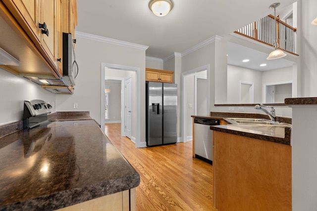 kitchen featuring sink, crown molding, light hardwood / wood-style flooring, pendant lighting, and stainless steel appliances