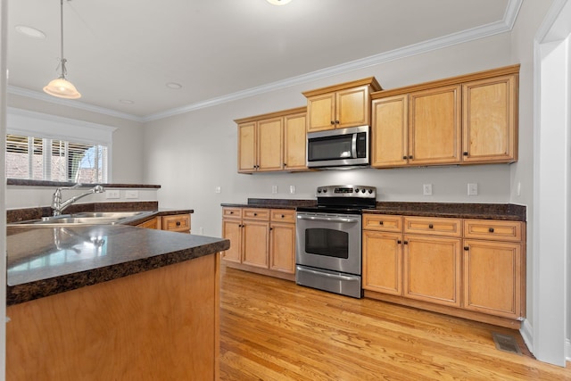 kitchen featuring sink, ornamental molding, pendant lighting, stainless steel appliances, and light hardwood / wood-style floors