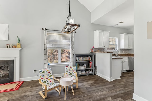 dining space with sink, dark hardwood / wood-style floors, and a healthy amount of sunlight