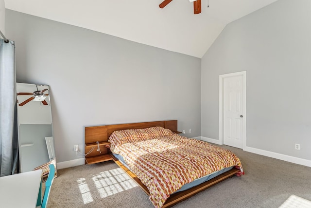 carpeted bedroom with lofted ceiling and ceiling fan