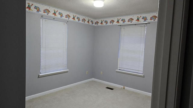 carpeted spare room with a textured ceiling