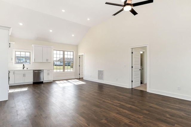 unfurnished living room featuring sink, high vaulted ceiling, dark hardwood / wood-style floors, and ceiling fan