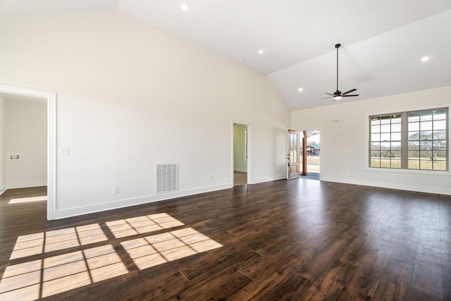 unfurnished living room with high vaulted ceiling, ceiling fan, and dark hardwood / wood-style floors