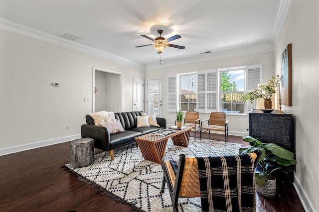 living room featuring crown molding, hardwood / wood-style floors, and ceiling fan