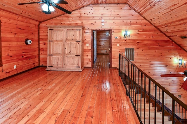 interior space featuring lofted ceiling, light wood-type flooring, wood ceiling, and wood walls